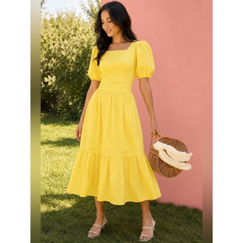 Rachel Parcell Bright Yellow Puff Sleeve Midi Dress Romantic Size Small